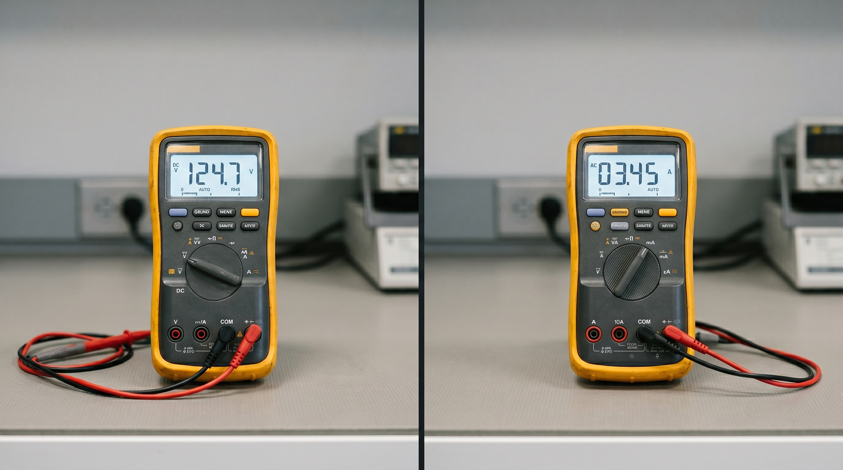 Side-by-side comparison of a voltmeter (left, reading 124.7 V) and an ammeter (right, reading 03.45 A) on a laboratory bench